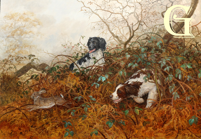 ELIZABETH HALSTEAD ORIGINAL PAINTING, SPINGER SPANIELS, THE ONE THAT GOT AWAY
