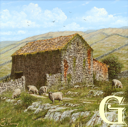 EDWARD HERSEY original painting, STONE BARNS AND HARDY SHEEP