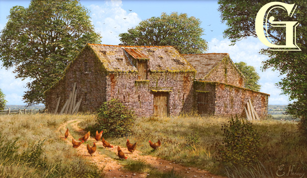 EDWARD HERSEY original painting, OLD BARNS ABOVE THE VALE