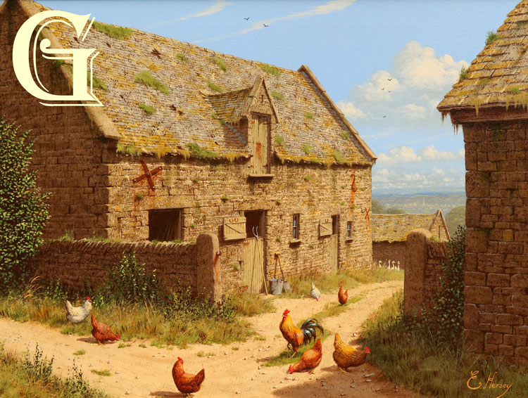 EDWARD HERSEY original painting, BETWEEN TWO BARNS