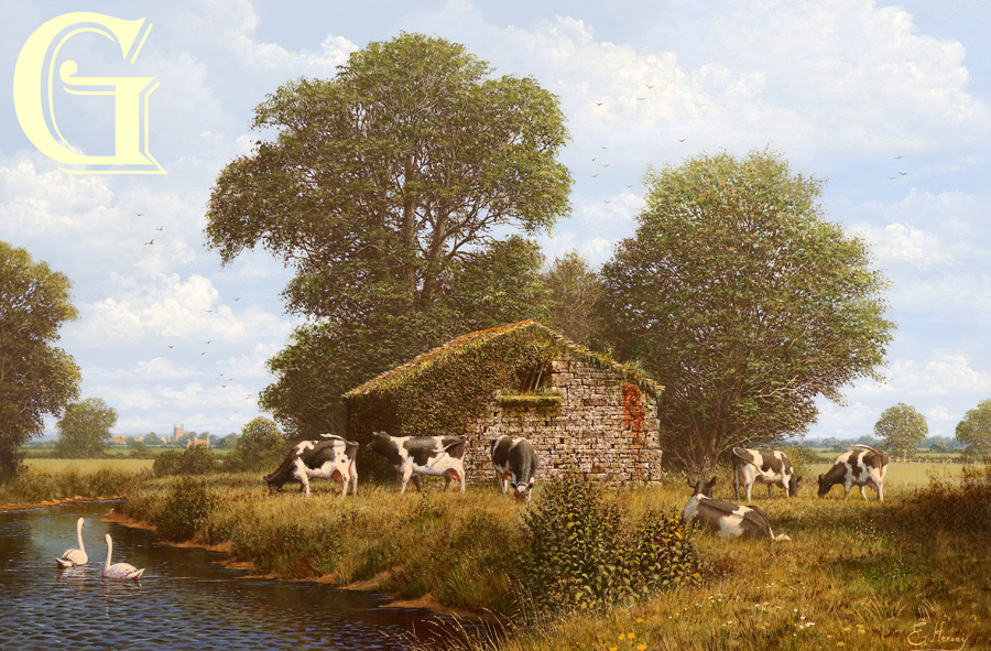 EDWARD HERSEY original painting, RIVERSIDE  GRAZING