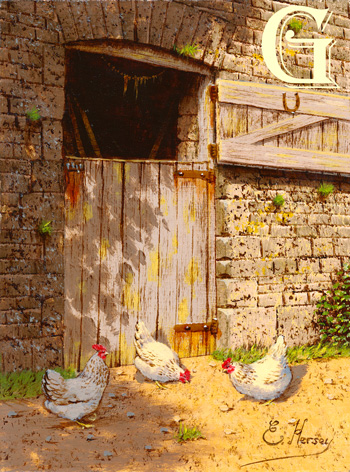 EDWARD HERSEY original painting,3 white hens
