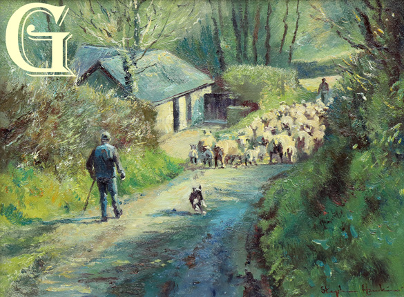Stephen Hawkins oil painting , MOVING THE FLOCK