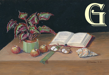 Enid CLarke, original miniature painting, still life with book and spectacles