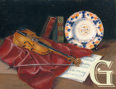 Enid CLarke, original miniature painting, still life with violin
