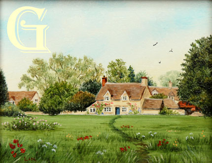 LIN COLLIER, miniature oil painting, TOMS COTTAGE