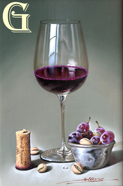 MULIO, JAVIER MULIO, RED WINE WITH GRAPES AND PISTACHIOS