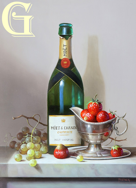 ORIGINAL OIL PAINTING BY ZOLTAN PREINER,MOET AND STRAWBERRIES