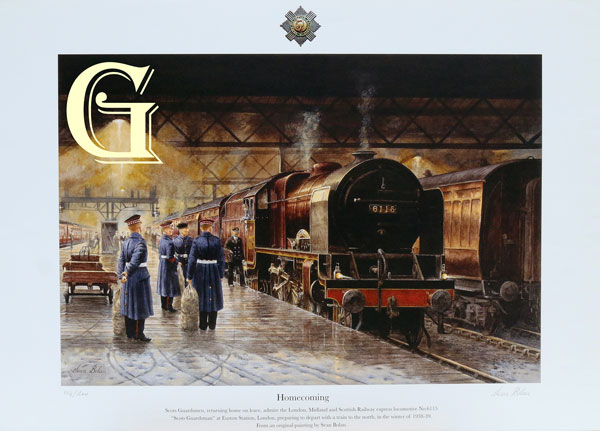 SEAN BOLAN, LIMITED EDITION PRINT, HOMECOMING, SCOTTISH GUARDSMEN, EXPRESS LOCOMOTIVE 6115, PRINT,