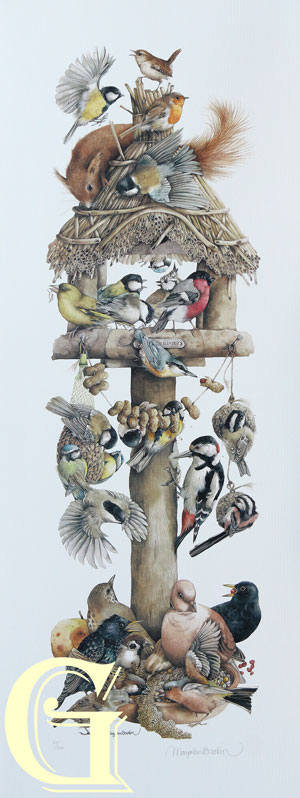 MARJOLEIN BASTIN, LIMITED EDITION PRINT, DINNER GUESTS, PRINT, GARDEN BIRDS, ROBIN, WOODPECKER, BLACKBIRD, SQUIRREL, BLUETIT, STARLING