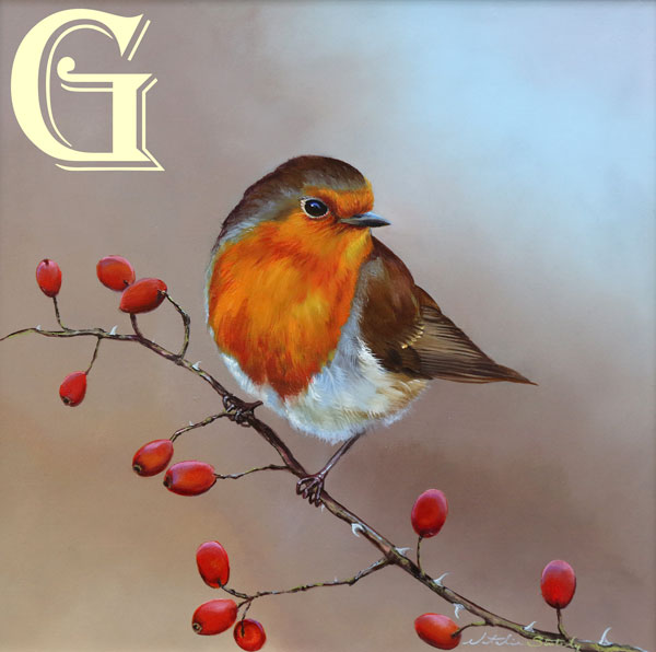 STUTELY, ORIGINAL PAINTING, ROBIN AND ROSEHIPS