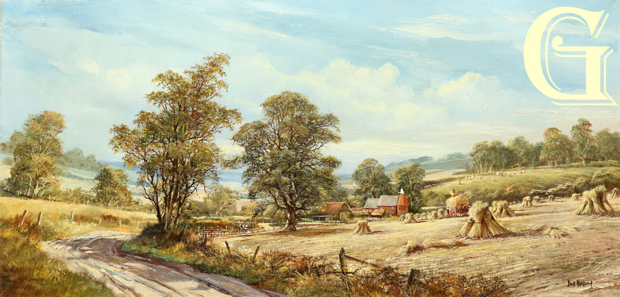 VAUGHAN , DON VAUGHAN, ORIGINAL OIL PAINTING, GATHERING THE STOOKS