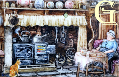 Rita Whitaker, enamel painting on copper, TEATIME IN THE VICTORIAN KITCHEN