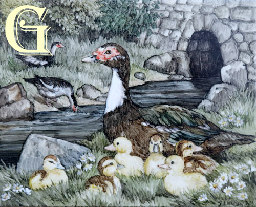 Rita Whitaker, enamel painting on copper, MUSCOVY DUCK AND DUCKLINGS