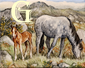 Rita Whitaker, enamel painting on copper, DARTMOOR PONY AND FOAL