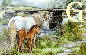 Rita Whitaker, enamel painting on copper, PONY AND FOAL