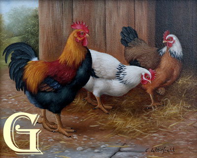 Carl Whitfield oil painting, COCK AND HENS