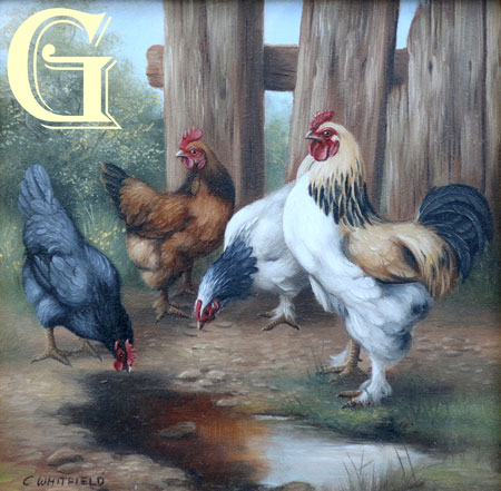 Carl Whitfield oil painting FARMYARD CHICKENS