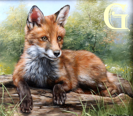 Carl Whitfield oil painting, FOX CUB LAYING