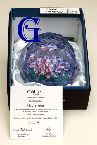 CAITHNESS GLASS PAPERWEIGHT FLORAL HYDRANGEA