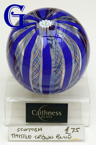 CAITHNESS GLASS PAPERWEIGHT THISTLE CROWN BLUE