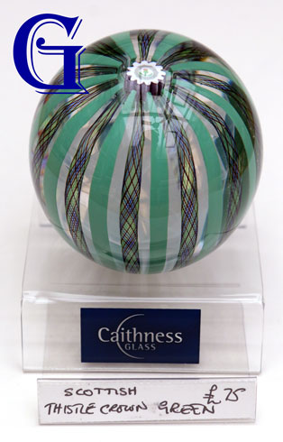 CAITHNESS GLASS PAPERWEIGHT THISTLE CROWN GREEN