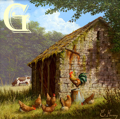 EDWARD HERSEY original painting, COCK AND HENS