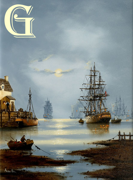 hILL ORIGINAL PAINTING MOONLIT HARBOUR