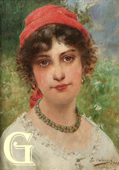 PRESTON, OIL PAINTING,MALEMPRE, GIRL WITH A RED HEADSCARF